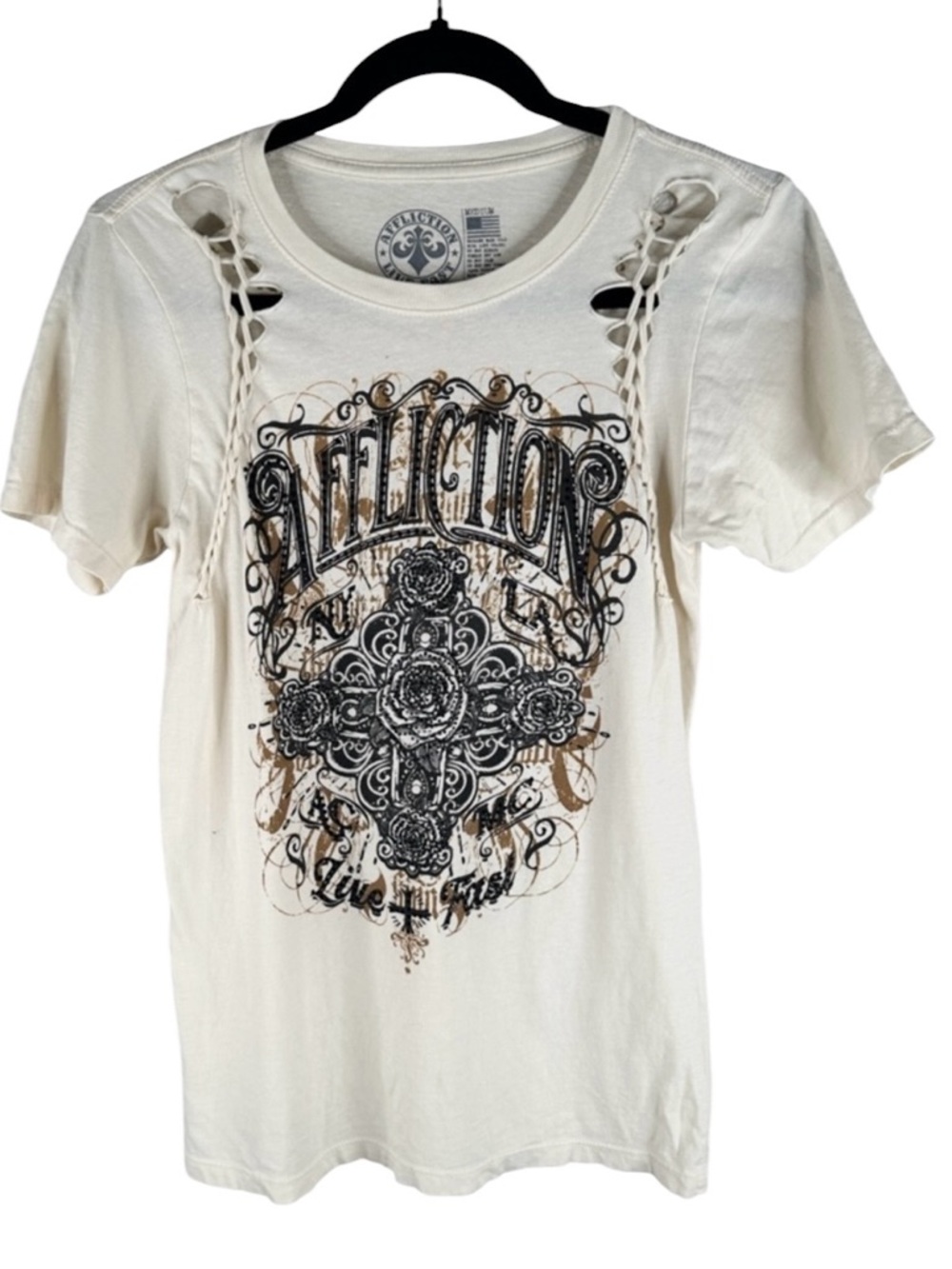 Affliction‎ Cream Y2K 90's Grunge Black Floral Beaded Short Sleeve Top Sz Medium